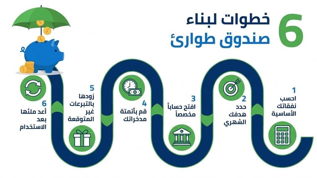 إنفوجرافيك يعرض ست خطوات لبناء صندوق الطوارئ، من حساب النفقات الأساسية إلى إعادة تعبئته بعد الاستخدام.