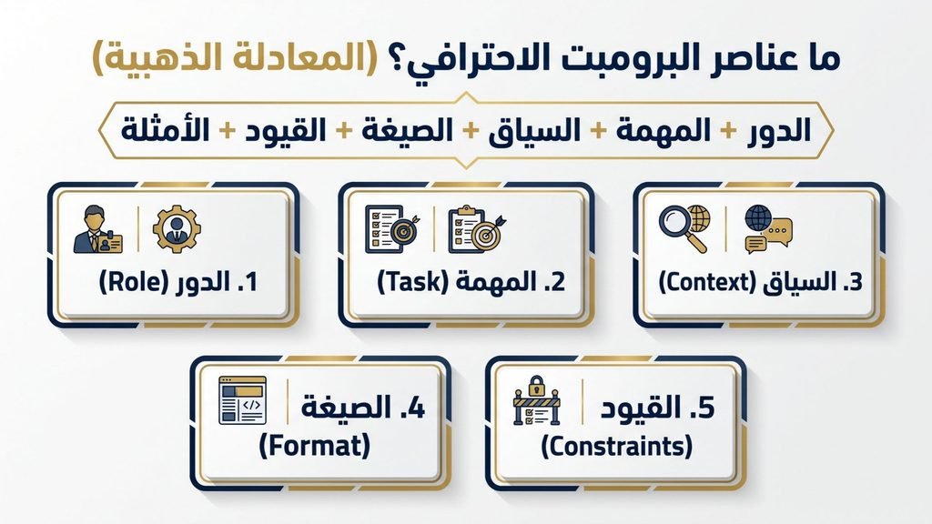 إنفوغرافيك عناصر البرومبت الاحترافي: الدور، المهمة، السياق، الصيغة، القيود، الأمثلة