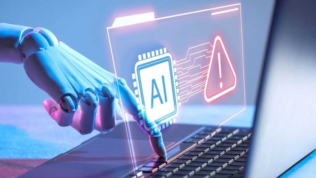 يد روبوت تلمس لوحة مفاتيح حاسوب محمول وتظهر شريحة ذكاء اصطناعي تمثل الذكاء الاصطناعي الوكيل AI Agents